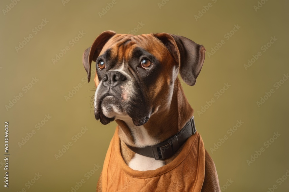 Close-up portrait photography of a happy boxer dog wearing a cooling vest against a warm taupe background. With generative AI technology
