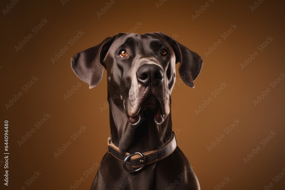Close-up portrait photography of a happy great dane wearing a harness against a warm taupe background. With generative AI technology Close-up portrait photography of a happy great dane wearing a harness against a warm taupe background. With generative AI technology