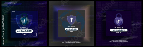 World Password Day Concept Greeting Card Poster Set. Globe Padlock for cyber security. Complex password typography. Protect your privacy and assets with a secure and complex password. Vector. 
