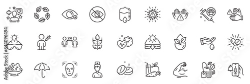 Icons pack as Dont touch, Sunglasses and Doctor line icons for app include Vaccine announcement, Drop counter, Sun protection outline thin icon web set. Cardio training. Vector