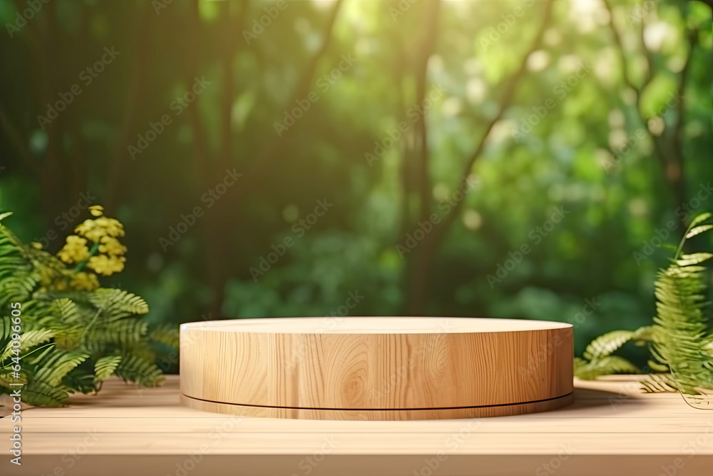 Fototapeta premium Wooden Visualizer with Forest Scene Backdrop Wallpaper,Nature’s Podium: A Wooden Stage in the Forest