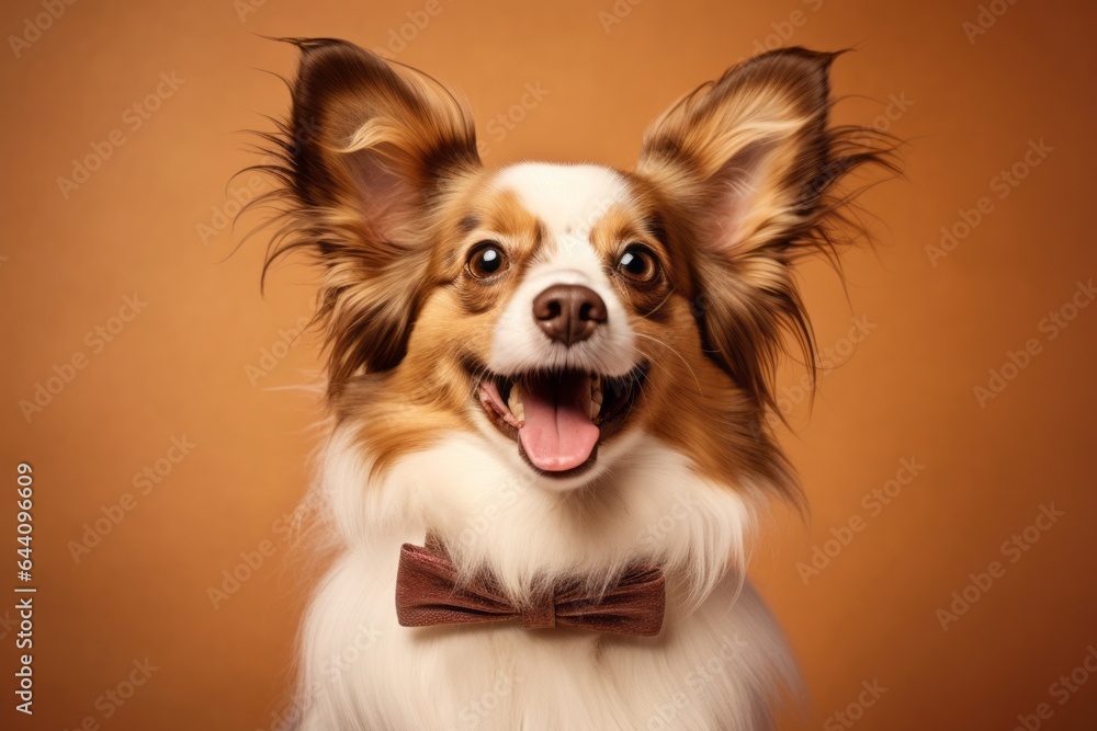 Lifestyle portrait photography of a happy papillon dog wearing a shark fin against a warm taupe background. With generative AI technology