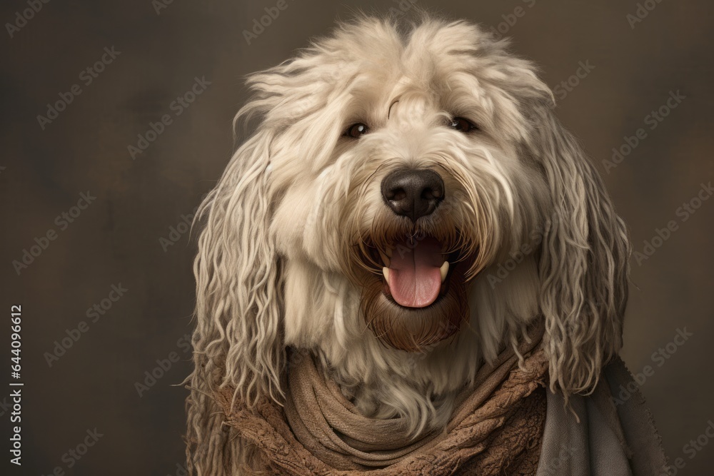 Group portrait photography of a smiling komondor dog wearing a training vest against a warm taupe background. With generative AI technology