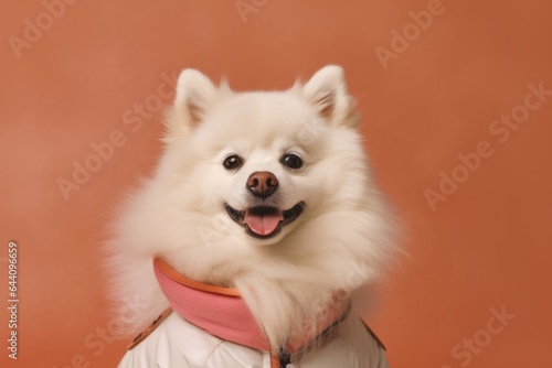 Close-up portrait photography of a funny american eskimo dog wearing a ski suit against a warm taupe background. With generative AI technology