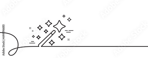 Magic wand line icon. Continuous one line with curl. Magician stick sign. Wizard tool with star symbol. Magic wand single outline ribbon. Loop curve pattern. Vector