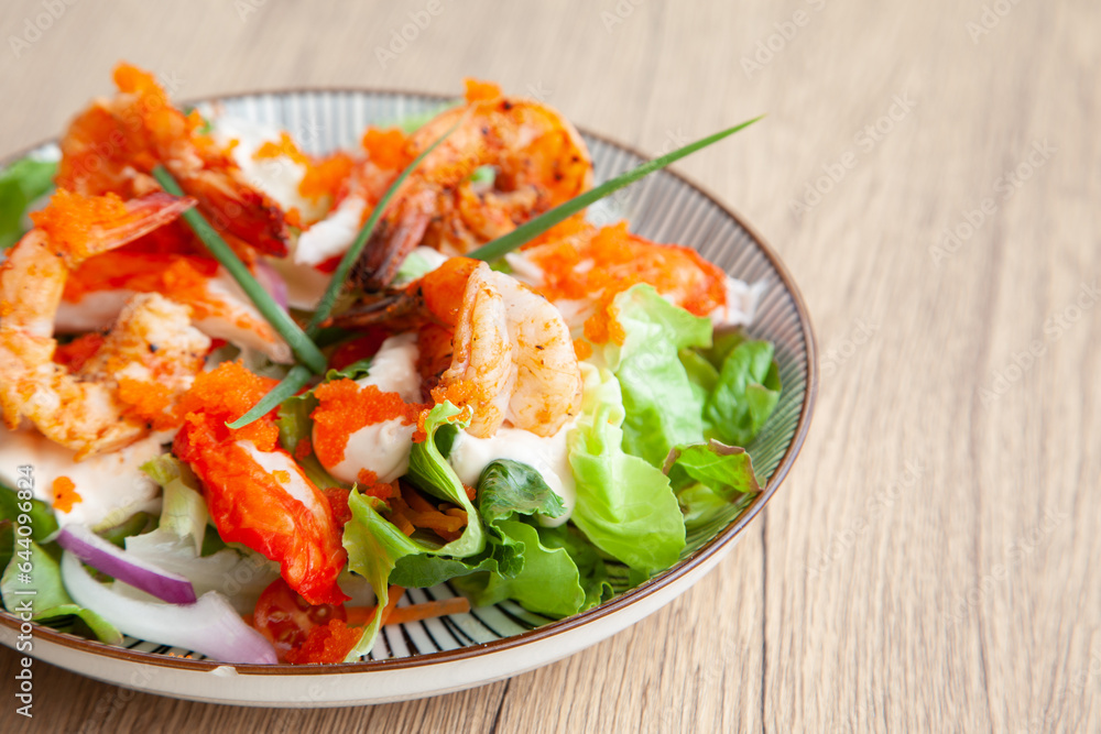 Shrimp, Ebiko and crab stick salad with yogurt dressing