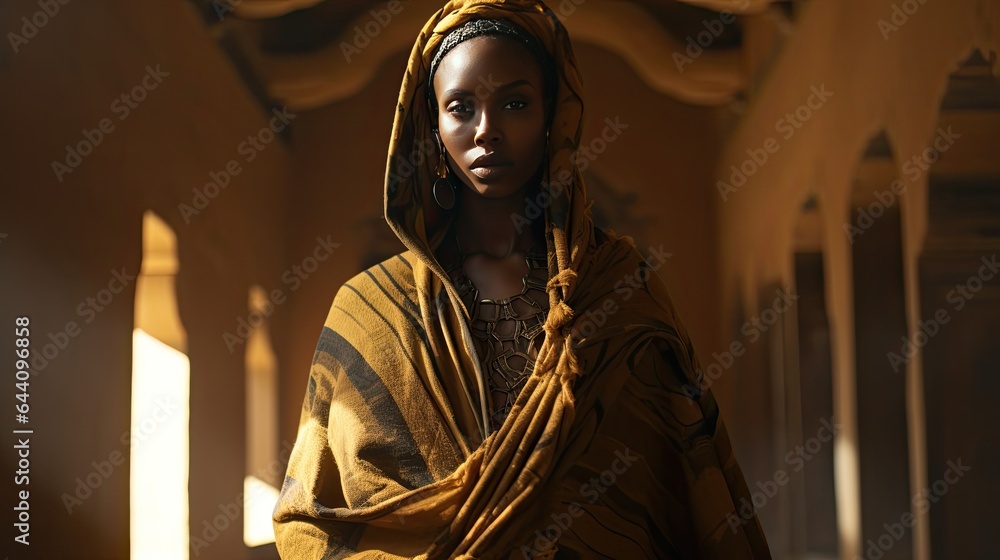 Model draped in traditional African attire, posed in an ancient architectural setting Model draped in traditional African attire, posed in an ancient architectural setting