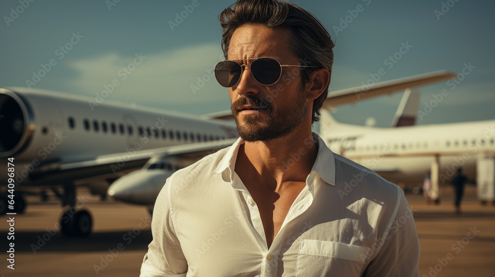 Adult white men in white shirts gazing off into the horizon while standing close to an aeroplane. Adult white men in white shirts gazing off into the horizon while standing close to an aeroplane.