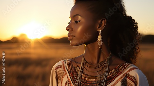 African model in a serene savannah setting, with the sun setting behind, exuding natural elegance