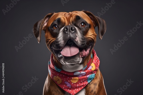 Medium shot portrait photography of a smiling boxer dog wearing a cooling bandana against a cool gray background. With generative AI technology