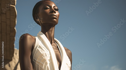 Model against the backdrop of an iconic African monument, bridging history and present