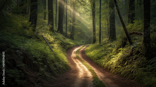 The Path Less Traveled, the beauty and mystery of a winding road through a dense forest, inviting viewers to explore the unknown. AI generative photo