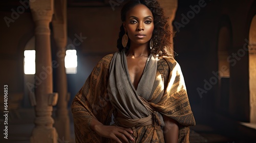 Model draped in traditional African attire, posed in an ancient architectural setting