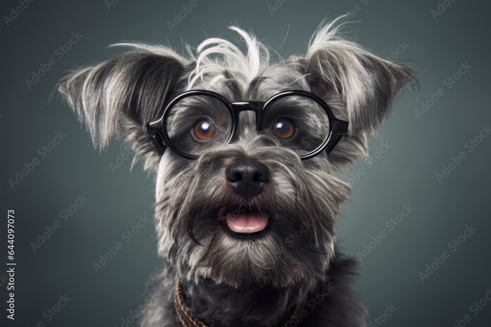 Photography in the style of pensive portraiture of a smiling lowchen dog wearing a hipster glasses against a cool gray background. With generative AI technology