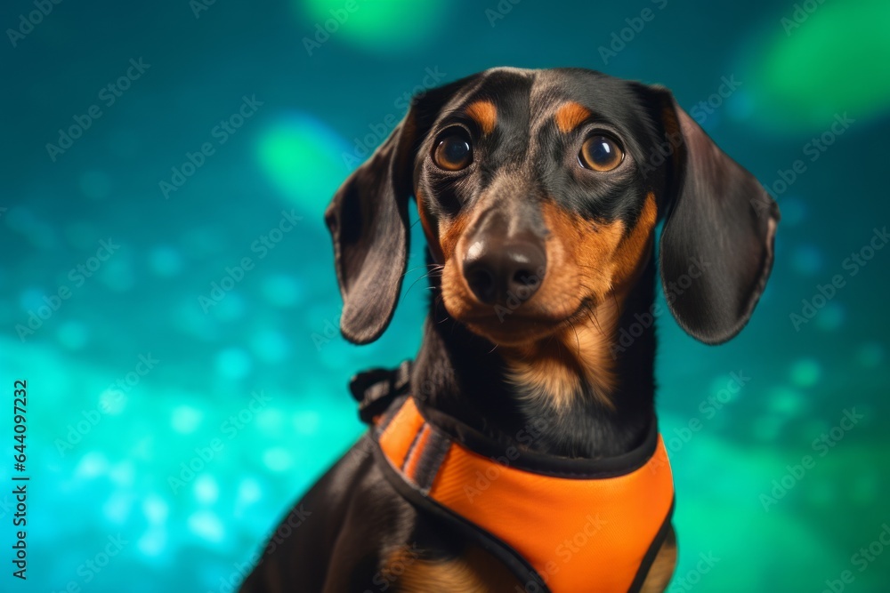 Close-up portrait photography of a smiling dachshund wearing a reflective vest against a tropical teal background. With generative AI technology