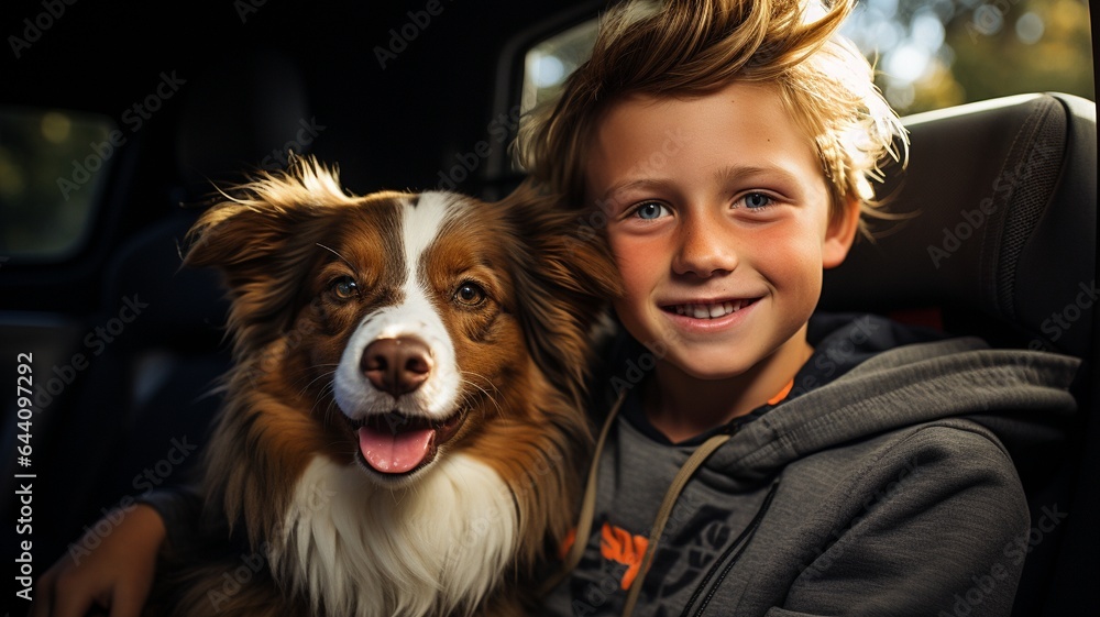 Boy and his dog are enjoying a routine road vacation..