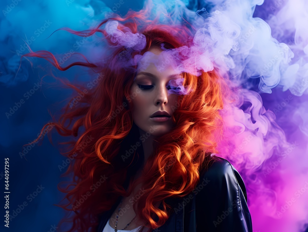 A dynamic and explosive portrait scene of woman featuring sparkling smoke and an explosion, where the colors involved are complementary. 