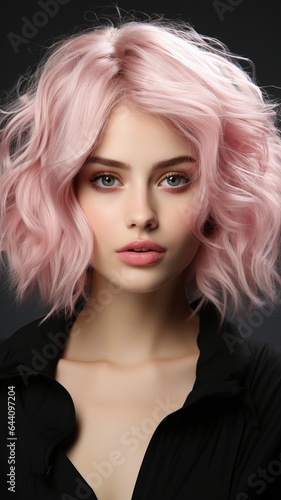 attractive beauty model poses for a photo in a studio with only half of her face visible, pink hair, and cosmetics on..