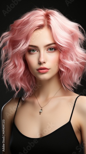 attractive beauty model poses for a photo in a studio with only half of her face visible, pink hair, and cosmetics on..