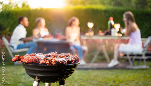 barbecue with friends in the garden, vegetarian and with meat