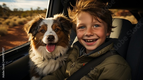 Boy and his dog are enjoying a routine road vacation.. © tongpatong