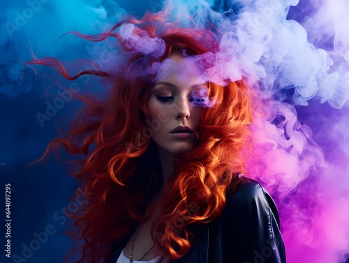 A dynamic and explosive portrait scene of woman featuring sparkling smoke and an explosion, where the colors involved are complementary. 