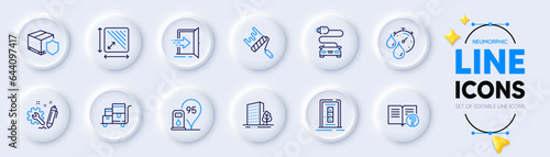 Square area, Timer and Buildings line icons for web app. Pack of Delivery insurance, Car charge, Help pictogram icons. Petrol station, Engineering, Paint roller signs. Door. Neumorphic buttons. Vector