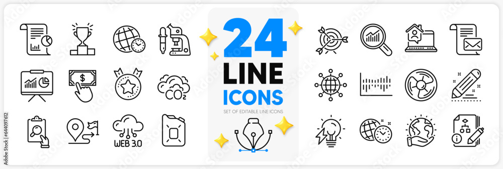 Icons set of Work home, Ranking star and Mail letter line icons pack for app with Time zone, Target, Payment click thin outline icon. Winner podium, Brand contract, Presentation pictogram. Vector
