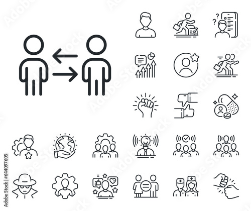 Meeting sign. Specialist, doctor and job competition outline icons. Teamwork business line icon. People management symbol. Teamwork business line sign. Avatar placeholder, spy headshot icon. Vector