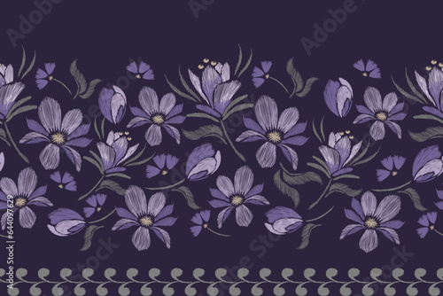 Vintage Floral Pattern seamless embroidery texture paisley with floral magnolia motifs. Ethnic pattern oriental traditional Aztec style. Vector illustration brush texture design on dark background