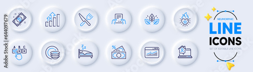 Sleep, Correct checkbox and Receive file line icons for web app. Pack of Money tax, Work home, Heart flame pictogram icons. Organic tested, Bitcoin, Dishes signs. Website statistics. Vector