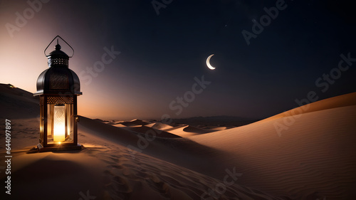 desert with crescent moon and ramadan lantern