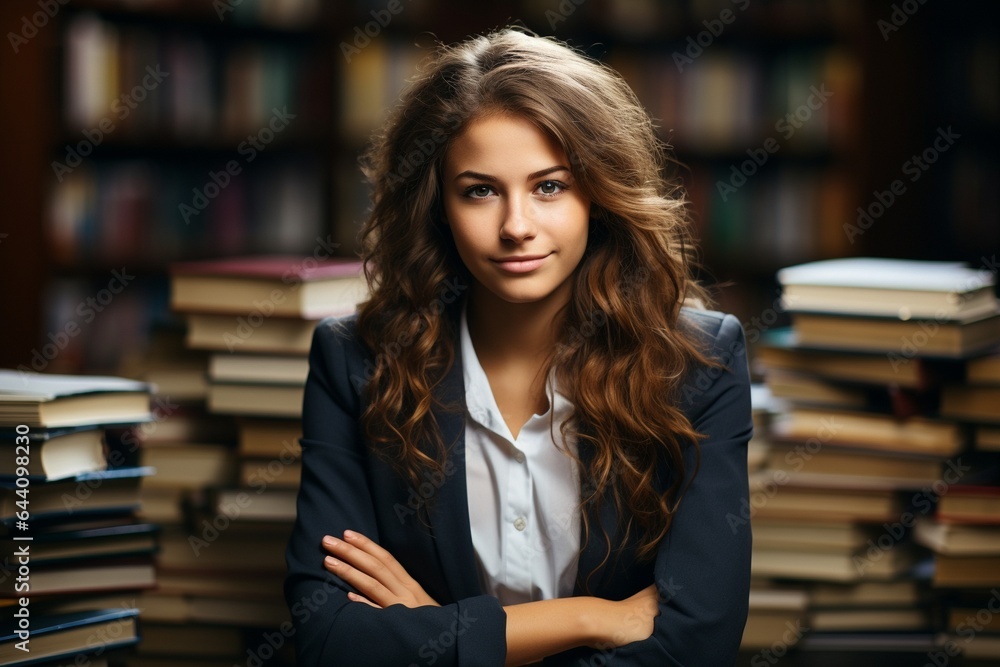 a female student sitting in the classroom with a lot of books. a female student sitting in the classroom with a lot of books.