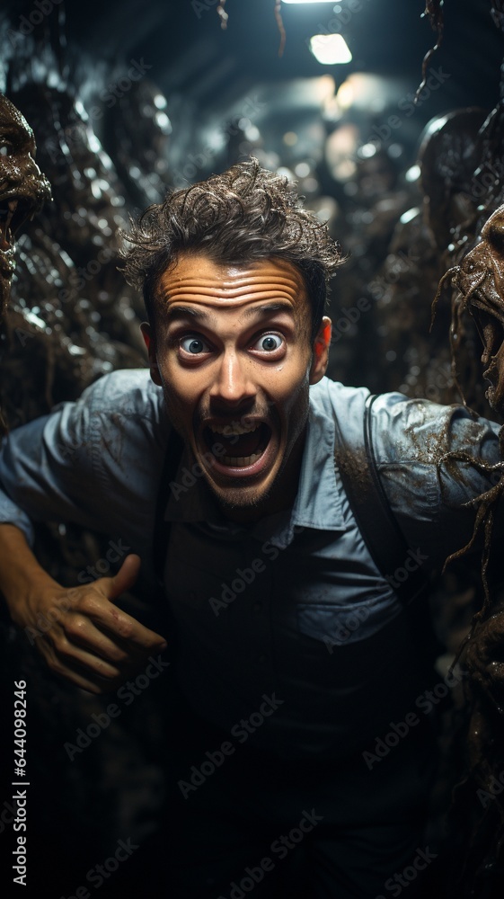A terrified man tries to escape a lift while dodging bloodthirsty zombies in his pursuit.. A terrified man tries to escape a lift while dodging bloodthirsty zombies in his pursuit..