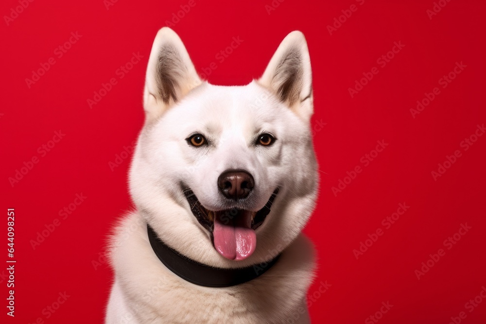 Medium shot portrait photography of a smiling akita wearing a shark fin against a ruby red background. With generative AI technology