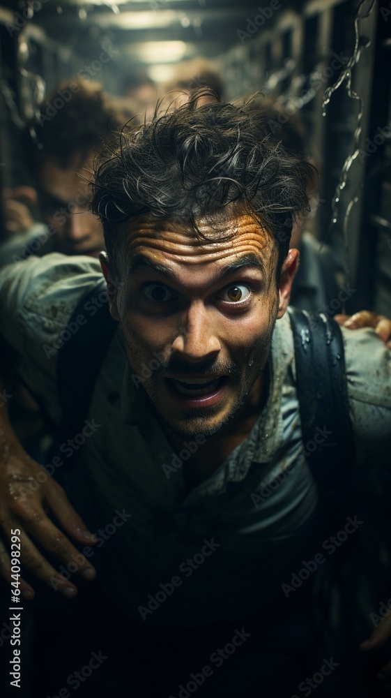 A terrified man tries to escape a lift while dodging bloodthirsty zombies in his pursuit.. A terrified man tries to escape a lift while dodging bloodthirsty zombies in his pursuit..