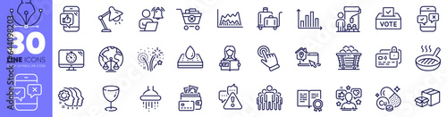 Employees teamwork, Luggage trolley and Vote box line icons pack. Phone survey, Glass, Coal trolley web icon. Shower, Card, Remove purchase pictogram. Trade chart, Influence, Packing boxes. Vector