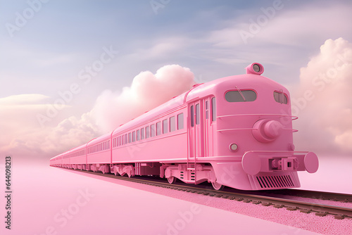 A pink train, running, with a pastel background. Bright.