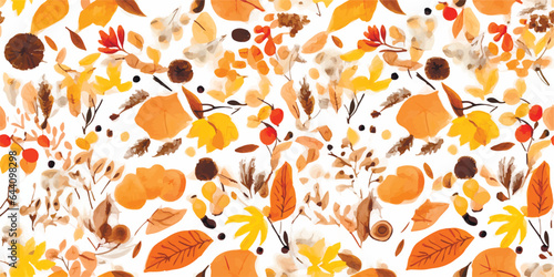 Fall Harvest pattern. autumn seamless pattern with autumn elements leaves berries on white background. Perfect for greetings, invitations, manufacture wrapping paper, textile, wedding