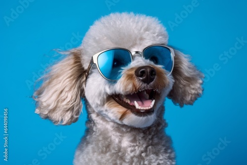 Lifestyle portrait photography of a smiling poodle wearing a trendy sunglasses against a sapphire blue background. With generative AI technology © Markus Schröder