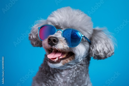 Lifestyle portrait photography of a smiling poodle wearing a trendy sunglasses against a sapphire blue background. With generative AI technology © Markus Schröder