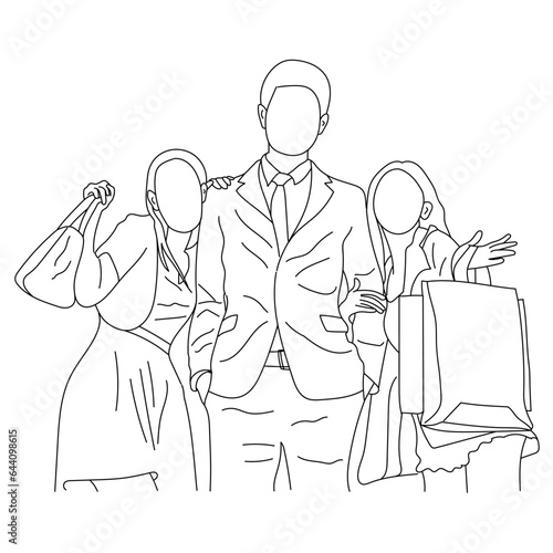 Group of friends enjoying the shopping together Line art isolated on a white background.
