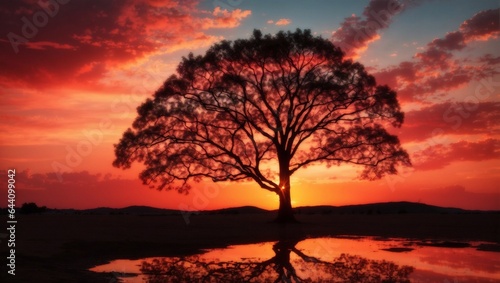 A shilloutes tree during sunset with red sky
