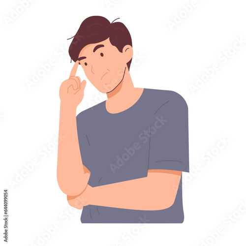 Man is confused by his thoughts or ponders something. Facial expression of curiosity, a face of surprise at a question. Hand drawn vector character illustration. Isolated on white background.