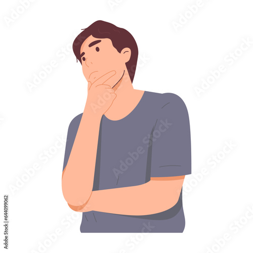 Man is confused by his thoughts or ponders something. Facial expression of curiosity, a face of surprise at a question. Hand drawn vector character illustration. Isolated on white background.