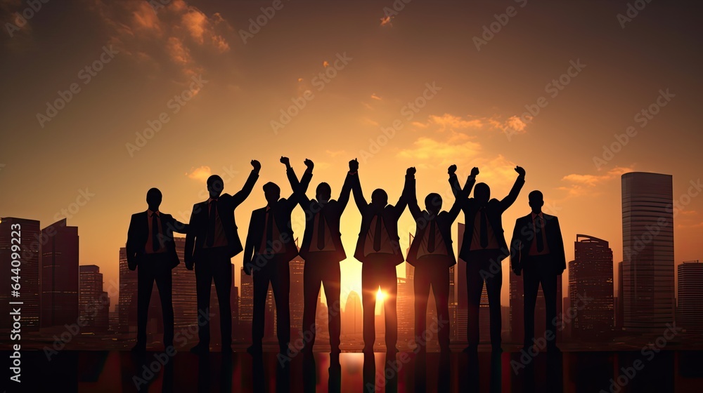 Silhouette of business team stand and feel happy on the most hight at stand on sunset, success, leader, teamwork, target, Aim, confident, achievement, goal, on plan, finish, generate by AI Silhouette of business team stand and feel happy on the most hight at stand on sunset, success, leader, teamwork, target, Aim, confident, achievement, goal, on plan, finish, generate by AI