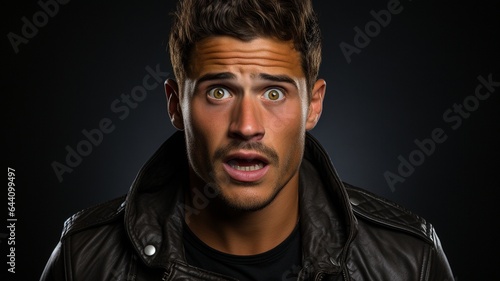 Male model seems stunned, mouth gaping, and eyes wide..