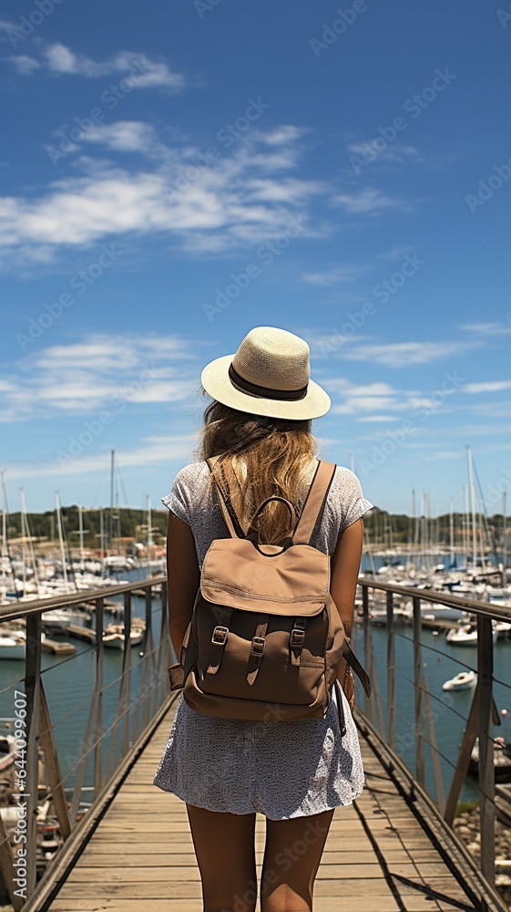 Woman at marina, looking back.