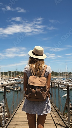 Woman at marina, looking back.