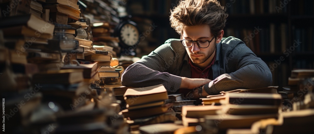 Male student who is overly worn out is sleeping on a stack of textbooks in his room. Following a night of insomnia, a sleepy man takes a nap during class. Male student who is overly worn out is sleeping on a stack of textbooks in his room. Following a night of insomnia, a sleepy man takes a nap during class.